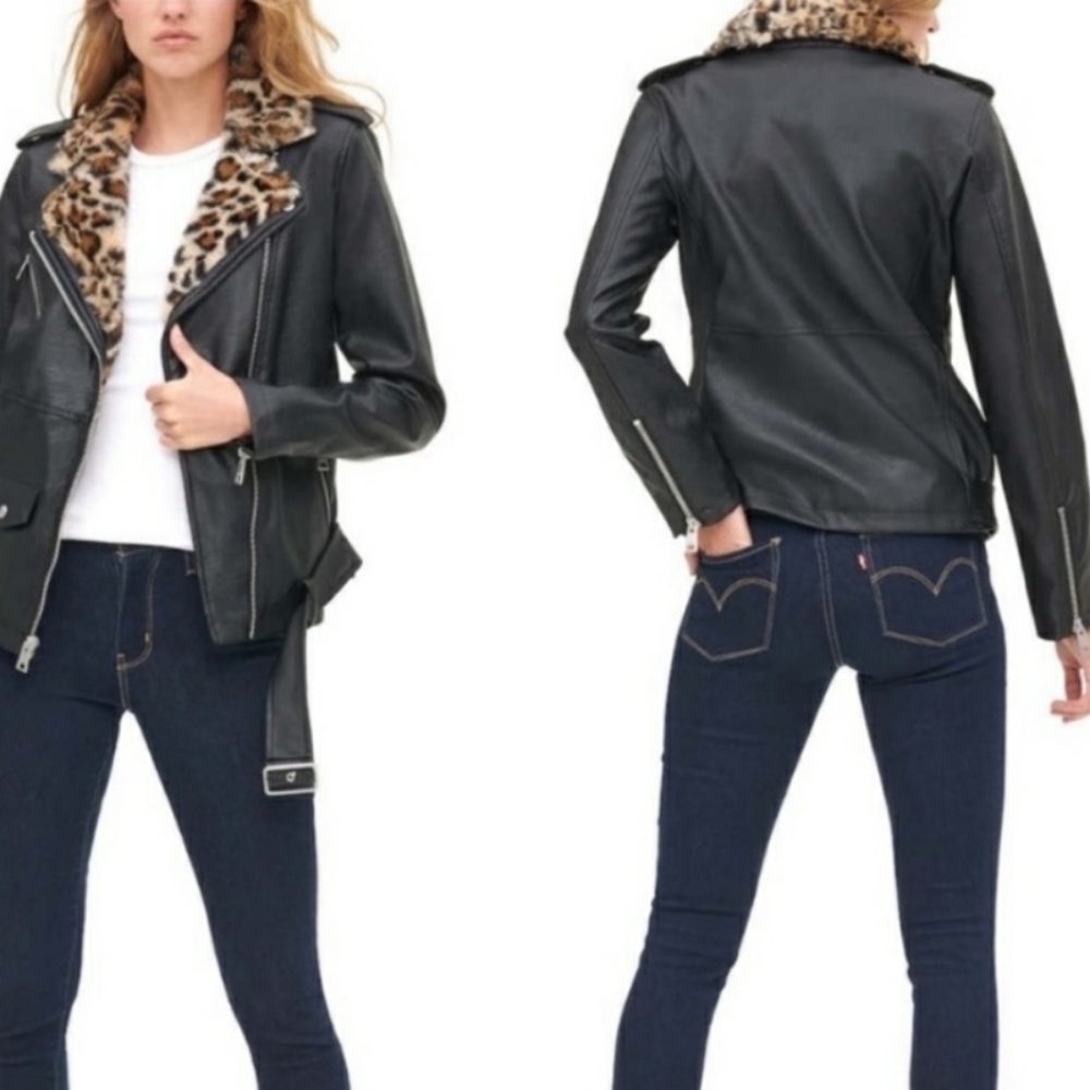 NEW! LEVI'S Women’s Faux Leather Moto Jacket Leopard Fur Collar Belted Biker XS